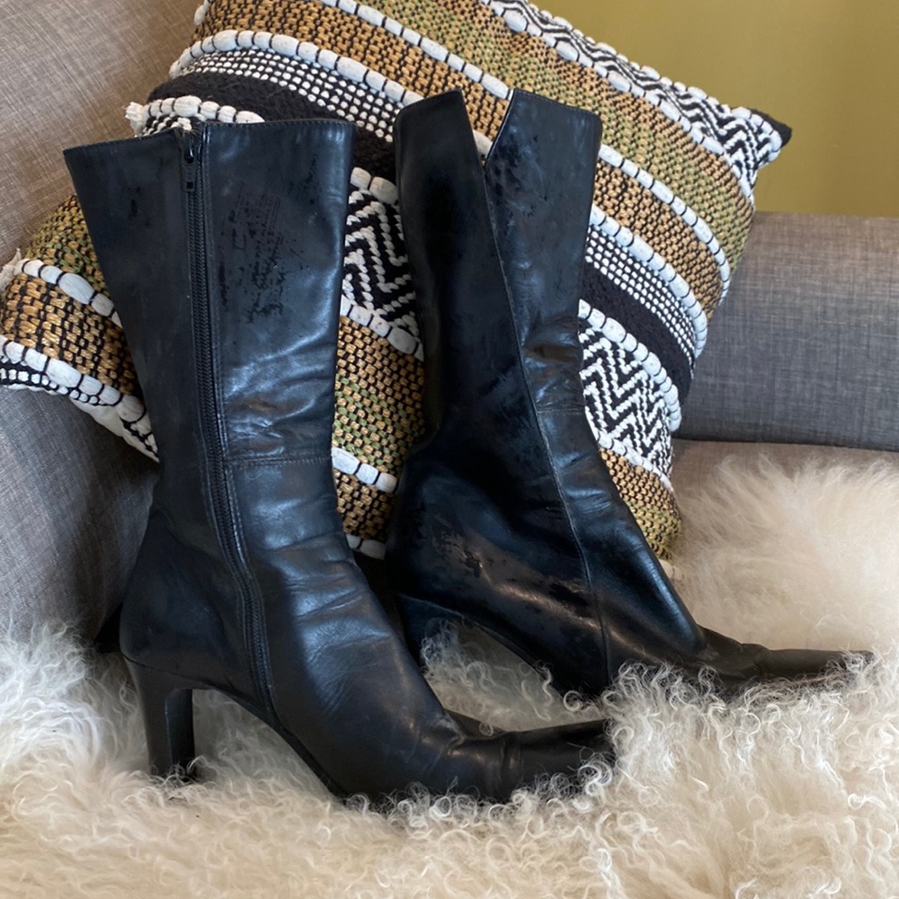 Square toed, retro styled black leather half boot by Charles David.